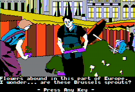 The Spy's Adventures in Europe (Apple II) screenshot: You've gotta eat your vegetables (double hi-res)