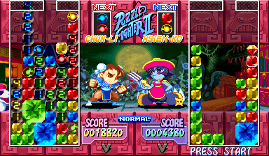 Super Puzzle Fighter II Turbo (Arcade) screenshot: I almost lost - 2 too high towers