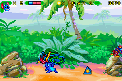 Disney's Lilo & Stitch (Game Boy Advance) screenshot: A trashed vehicle can be lifted and thrown at enemies.