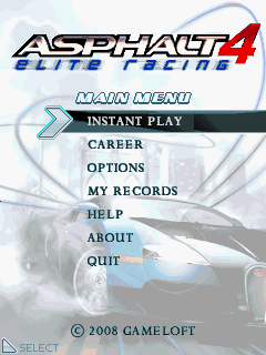 Asphalt 4: Elite Racing (J2ME) screenshot: Main menu (s40v3a)