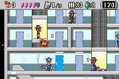 Elevator Action Old & New (Game Boy Advance) screenshot: Getting squished under the elevator.