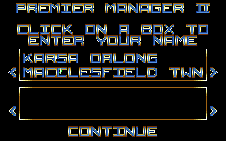 Premier Manager 2 (DOS) screenshot: Enter Your name and choose the team