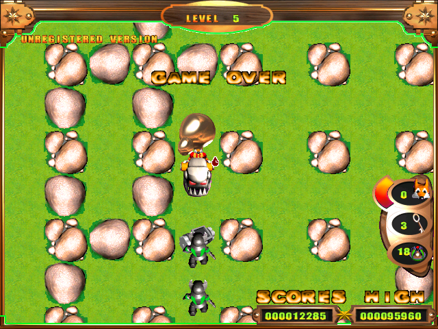 Bomberic (Windows) screenshot: Game over. (The droplet of blood over the monster indicates that it's been damaged)
