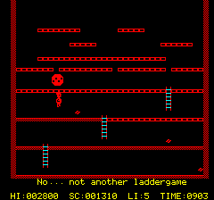 Playground 21 (Oric) screenshot: Jumping over an obstacle