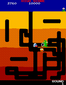 Dig Dug (Arcade) screenshot: Pumping the monster
