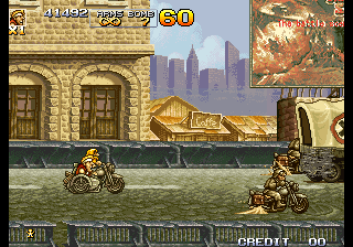 Metal Slug 4 (Arcade) screenshot: Having a bike ride.