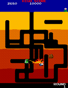 Dig Dug (Arcade) screenshot: Burnt by the dragon