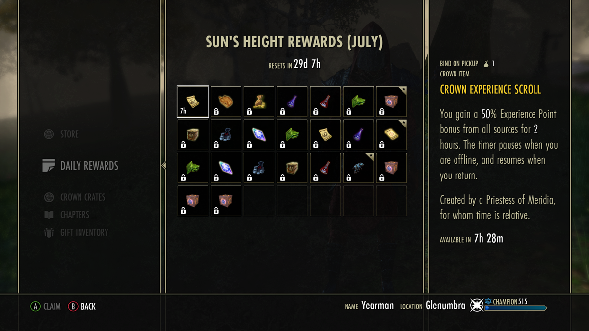 The Elder Scrolls Online: Tamriel Unlimited (Xbox One) screenshot: Update 18 - Daily rewards, a new feature where players can claim various items such as potions, gold, Alliance Points and even a unique pet.