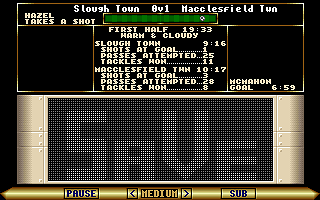 Premier Manager 2 (DOS) screenshot: Shot action commentary