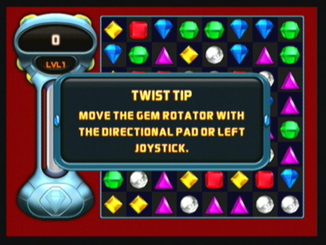 Bejeweled: Twist (Zeebo) screenshot: When starting a new game, tips will be shown instructing the player on how to play the game.