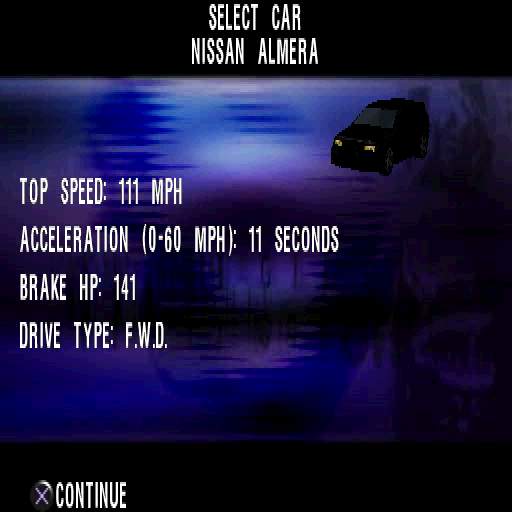 Max Power Racing (PlayStation) screenshot: Nissan Almera Stats