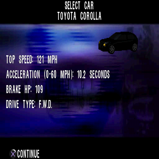 Max Power Racing (PlayStation) screenshot: Toyota Corolla stats