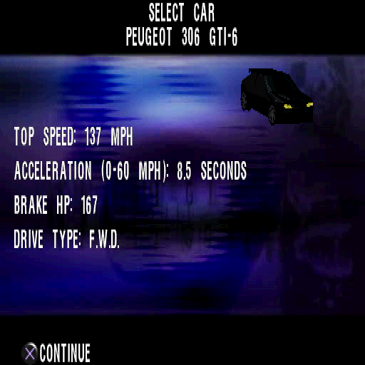 Max Power Racing (PlayStation) screenshot: Peugeot 306 GTI-6 stats