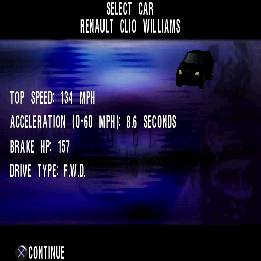 Max Power Racing (PlayStation) screenshot: Renault Clio Williams stats