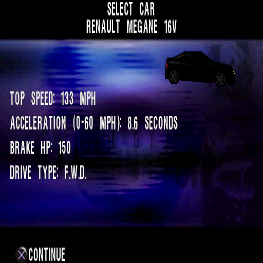 Max Power Racing (PlayStation) screenshot: Renault Megane 16V stats