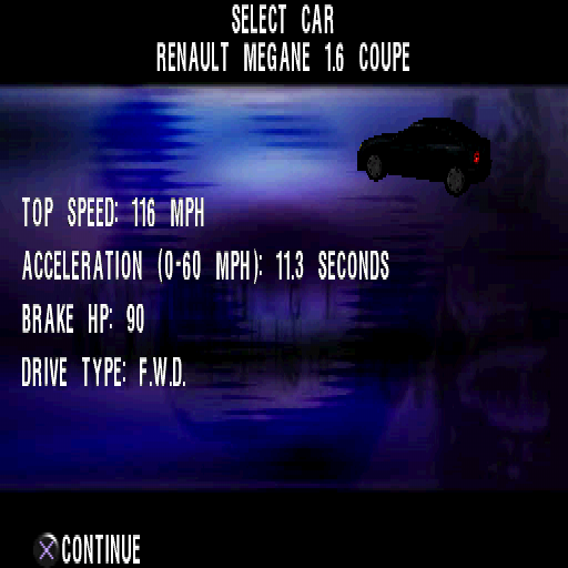 Max Power Racing (PlayStation) screenshot: Renault Megane 1.6 Coupe stats