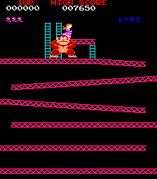 Donkey Kong (Arcade) screenshot: He climbs up the scaffolding, then jumps on it so that it collapses