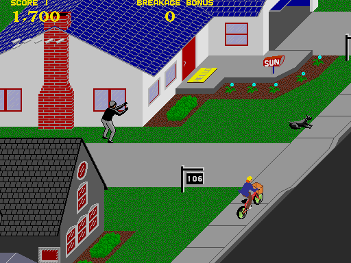 Paperboy (Arcade) screenshot: Looks dodgy, watch the dog.