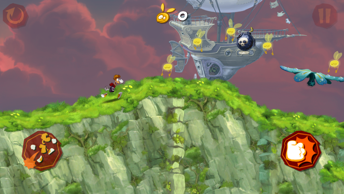 Rayman Jungle Run (iPhone) screenshot: Running while a pirate ship tries it's best to hit us.