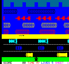 Hopper (Oric) screenshot: Starting out, with a black frog at the bottom