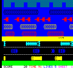 Hopper (Oric) screenshot: For the sake of simplicity in programming, and to avoid colour clash, the frog changes to the colour of surrounding objects