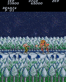 Contra (Arcade) screenshot: Snowy terrain