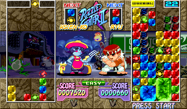 Super Puzzle Fighter II Turbo (Arcade) screenshot: Hsien-Ko vs Ryu