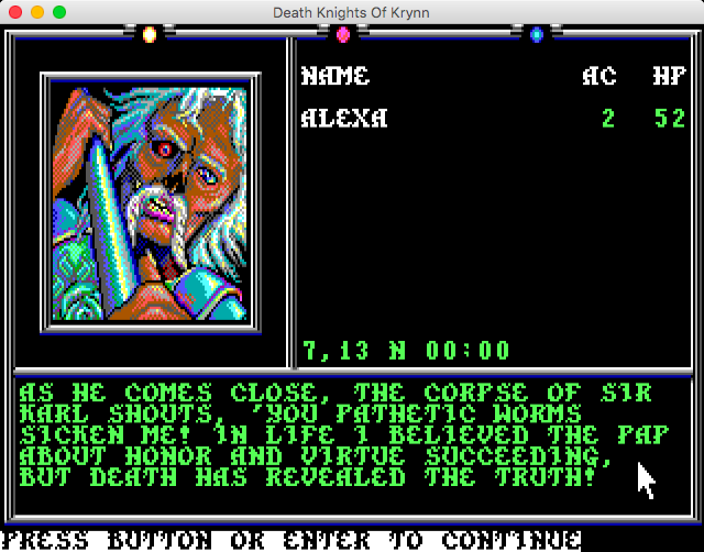 Advanced Dungeons & Dragons: Collectors Edition Vol.2 (Macintosh) screenshot: Death Knights of Krynn (GOG version) - Sir Karl is back from the dead... or maybe just back
