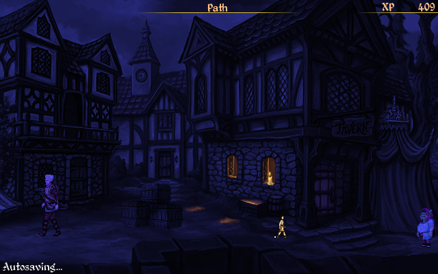 Mage's Initiation: Reign of the Elements (Windows) screenshot: The town in the night - D'arc must return there in goblin form to steal candles for the goblins. Like in "Quest for Glory 4", you must let the summoning ritual start in order to stop it!
