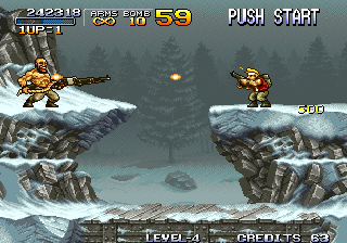 Metal Slug: Super Vehicle - 001 (Arcade) screenshot: Miniboss with minigun