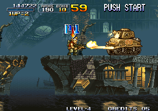 Metal Slug: Super Vehicle - 001 (Arcade) screenshot: Enemy tank to destroy