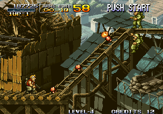 Metal Slug: Super Vehicle - 001 (Arcade) screenshot: Rolling grenades