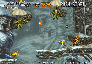 Metal Slug: Super Vehicle - 001 (Arcade) screenshot: Snowy terrain