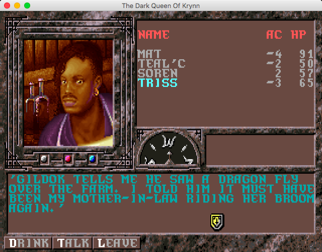 Advanced Dungeons & Dragons: Collectors Edition Vol.2 (Macintosh) screenshot: The Dark Queen of Krynn (GOG version) - With all the danger it's good to keep witty jokes at the ready