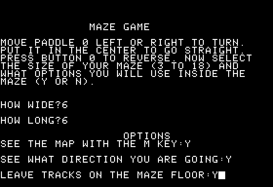 Maze Game (Apple II) screenshot: Instructions and options