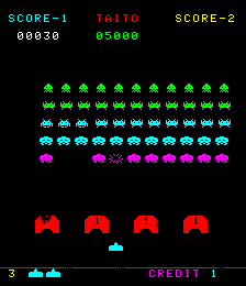 Space Invaders: Part II (Arcade) screenshot: Shooting an alien (Space Invaders: Part II)