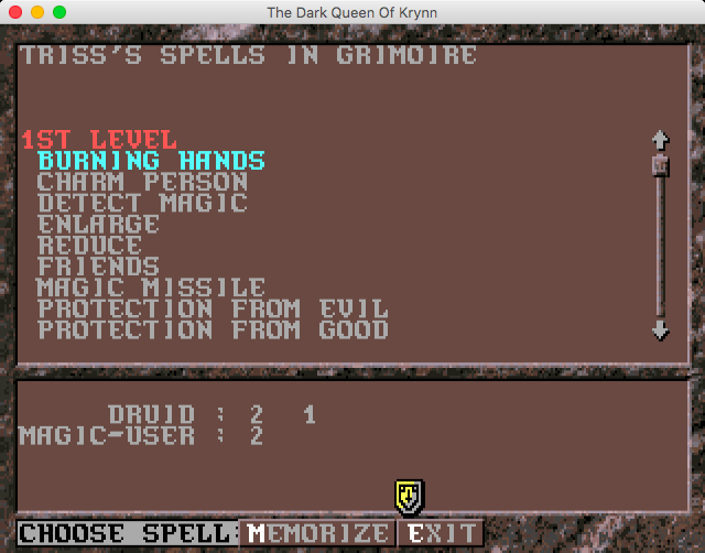 Advanced Dungeons & Dragons: Collectors Edition Vol.2 (Macintosh) screenshot: The Dark Queen of Krynn (GOG version) - List of available spells to memorize