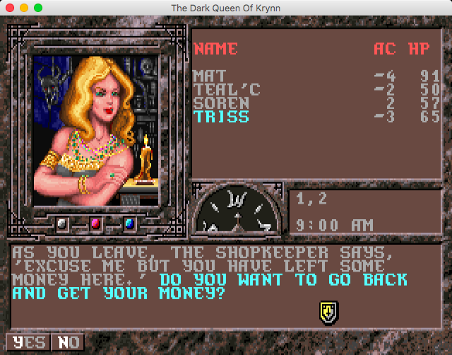 Advanced Dungeons & Dragons: Collectors Edition Vol.2 (Macintosh) screenshot: The Dark Queen of Krynn (GOG version) - I don't care much for money, 'cos money can't buy me love... la la la