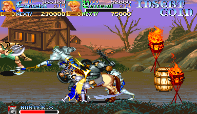 Knights of the Round (Arcade) screenshot: One of later levels co-op gameplay