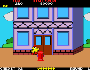 Pac-Land (Arcade) screenshot: Jumping obstacles.