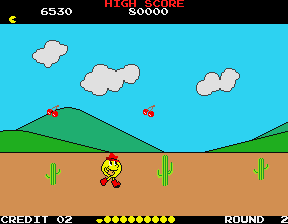 Pac-Land (Arcade) screenshot: Cactus to jump. Collect fruit.