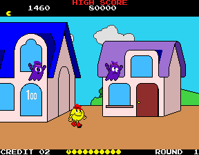 Pac-Land (Arcade) screenshot: Got the Power Pill, eat the ghosts.