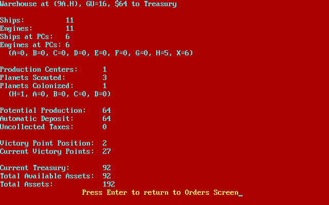Imperial Space Command (DOS) screenshot: Report of the previous turn (continued)