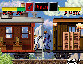 The Outfoxies (Arcade) screenshot: On a train ride with Bernard White