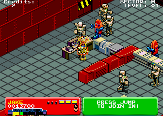 Escape from the Planet of the Robot Monsters (Arcade) screenshot: Another hostage rescued.