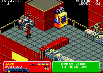 Escape from the Planet of the Robot Monsters (Arcade) screenshot: Rescue the hostage.