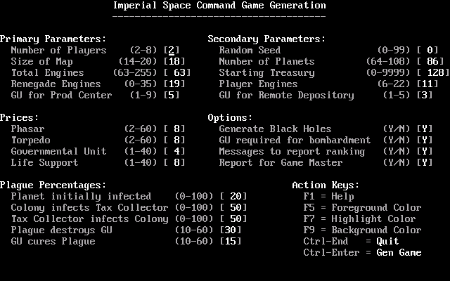 Imperial Space Command (DOS) screenshot: Setting up the game parameters (2 players)