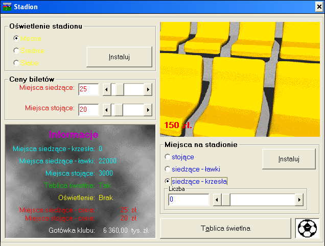 Liga Polska Manager '97 (Windows) screenshot: Standing and seated capacity