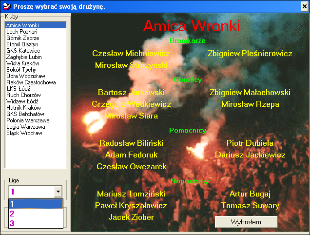Liga Polska Manager '97 (Windows) screenshot: Team selection