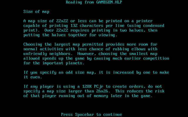 Imperial Space Command (DOS) screenshot: Detailed help is available for every field